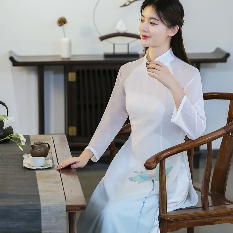 

Оригинальное платье Cheongsam Aodai для женщин, летний элегантный костюм Тан, длинный халат в национальном стиле Hanfu Zen, традиционная одежда 2025