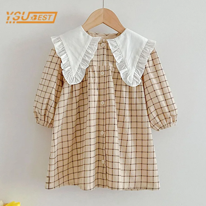 Spring Autumn Kids Baby Girls Long Sleeve Sweet Princess Dress Baby Girls Doll Collar Grid Dress Children Clothes Dress