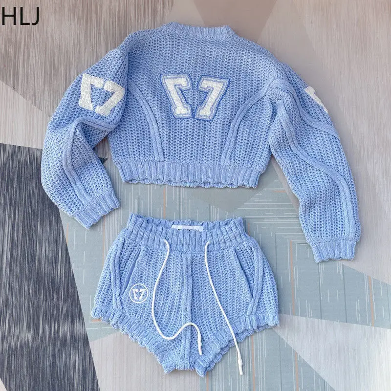 HLJ Blue Autumn New Letter Print Knitted Sweater Two Piece Sets For Women Zip Long Sleeve Crop Top And Drawstring Shorts Outfits