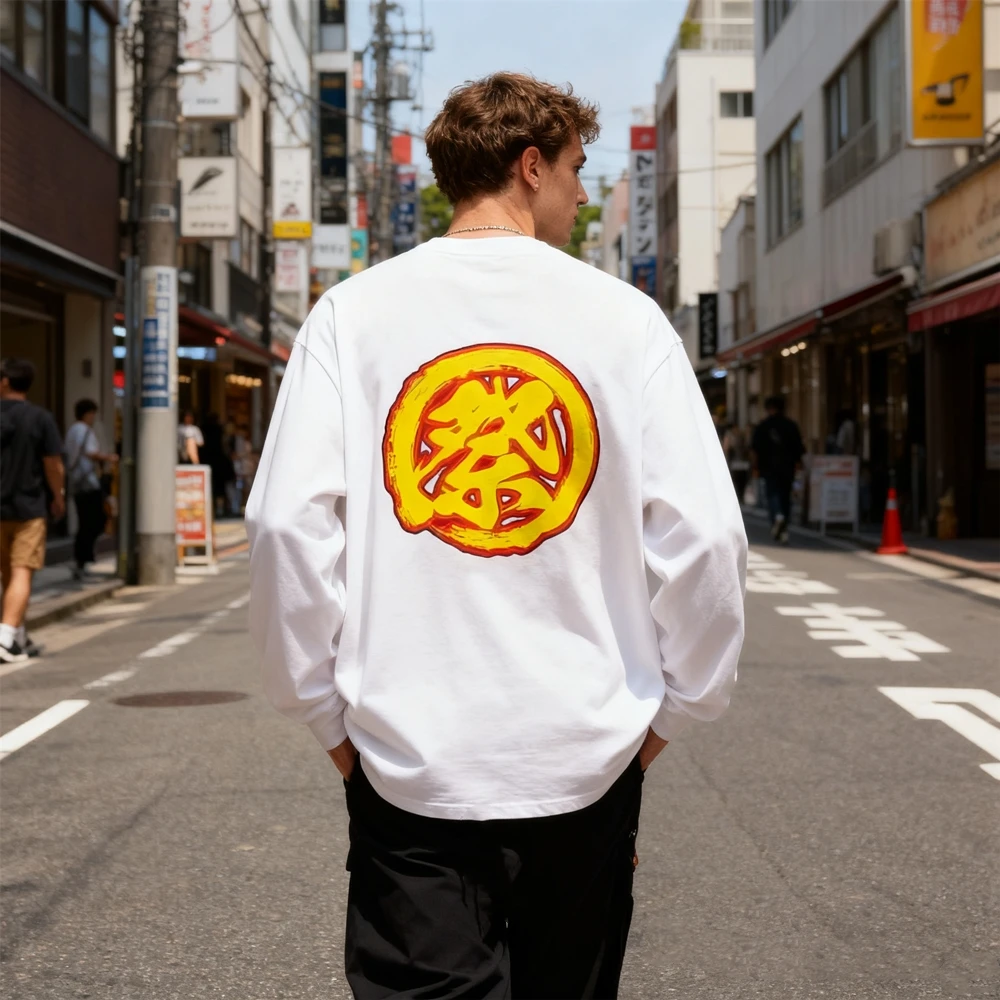 

KUCLUT 1:1 300GSM Japanese Style Best Quality Graphics Printed Tee 100%Cotton Loose Long Sleeves Tops Oversize T Shirt Men