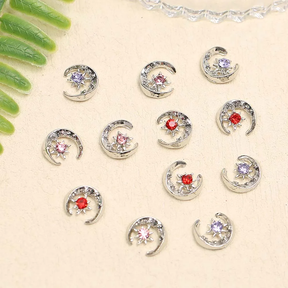 10pcs Alloy Crystal Moon Nail Art Charm 3D Shiny Pink Round Gem Metal Moon Nail Decoration DIY Luxury Manicure Accessories