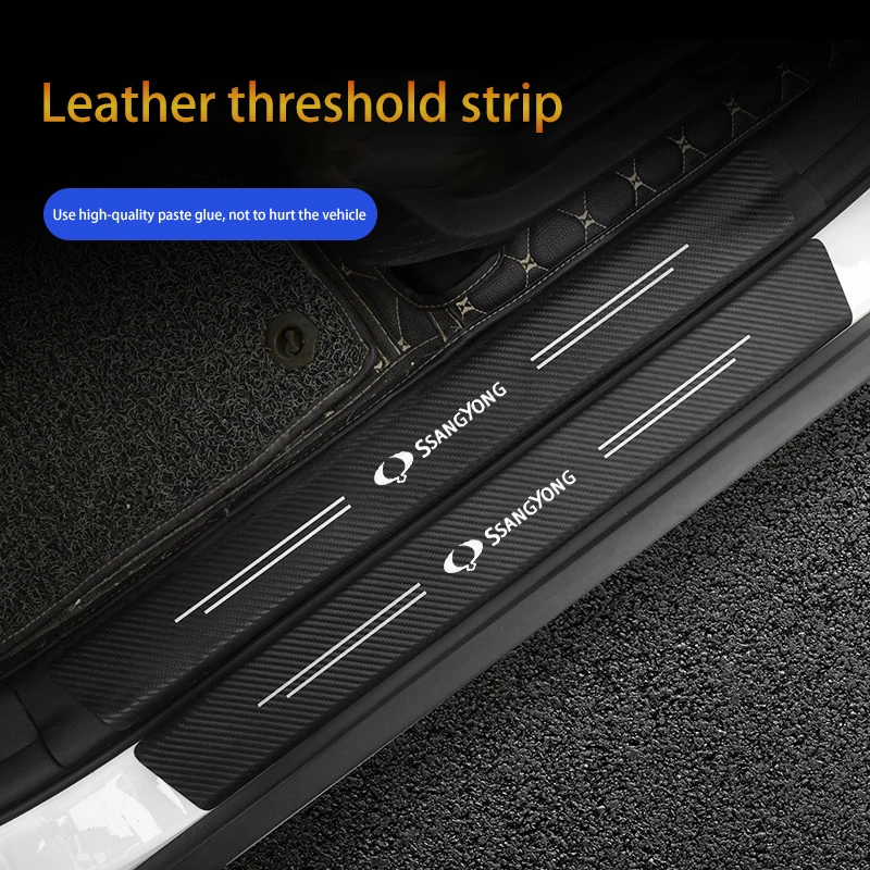 4pcs Car Door Sill Protector Stickers For Ssangyong Rodius Rexton Korando Kyron Leather Carbon Fiber Decor Decal Threshold