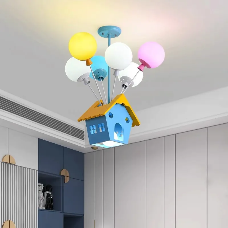 luminaria de teto de madeira para quarto infantil baloes coloridos e casa voadora baloes de desenhos animados lampada led para criancas 01