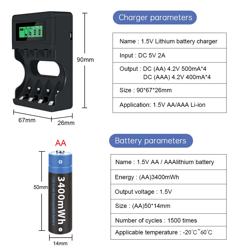 Imagem -03 - Bateria de Lítio Recarregável do Li-íon do aa da Bateria 3400mwh 1.5v aa com Carregador do Lcd para a Bateria Recarregável aa Aaa do Li-íon 1.5v