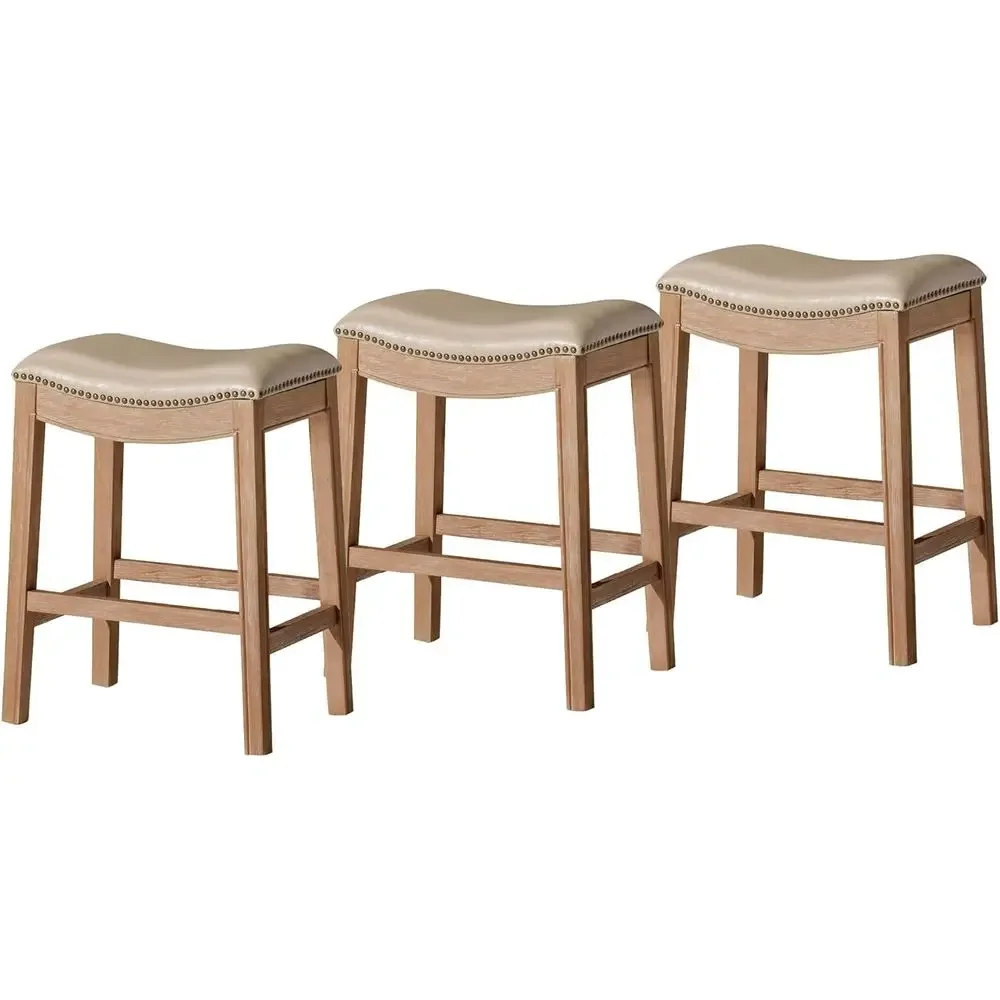 

Counter Height Stool Set of 3, 26, with Footrest, Natural Wood and Beige Leatherette Upholstery, Ideal for Kitchen Islands & Cou