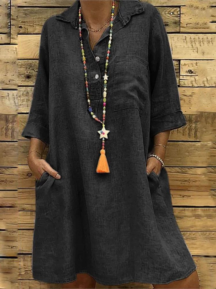 

Fashion Shirt Dress Lady Casual Three Quarter Button Loose Dresses For Women Holiday Office Skirt Womens Clothing Summer New