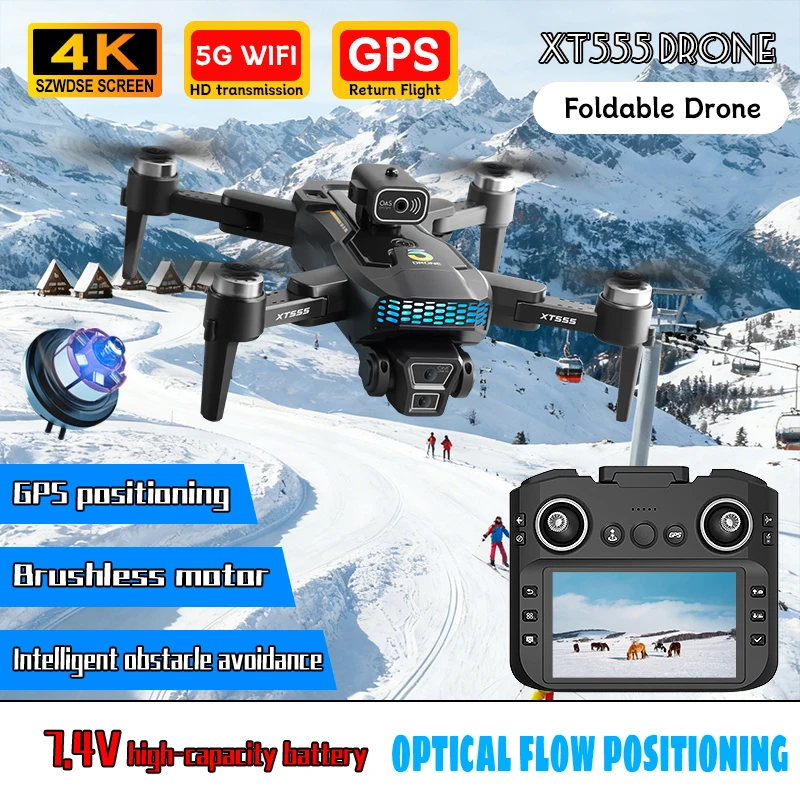 New XT555 GPS RC Drone Cam Professional 4K HD Dual Camera Brushles Motor 5G WIFI FPV Foldable Screen Display RC Quadcopter