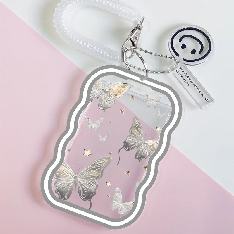 Wave Transparent Card Holder with Retractable Spring Cord Suitable for Kpop Idol Card Collect Organizer Stationery Door Card