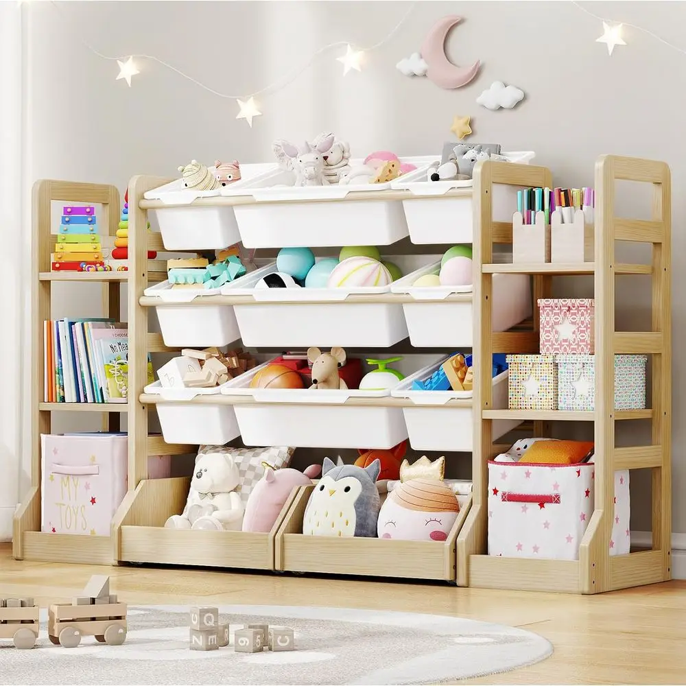 

6-Shelf Kids Toy Organizer with 9 Bins and 2 Wheels, Playroom Storage Solution for Nursery and Children's Room