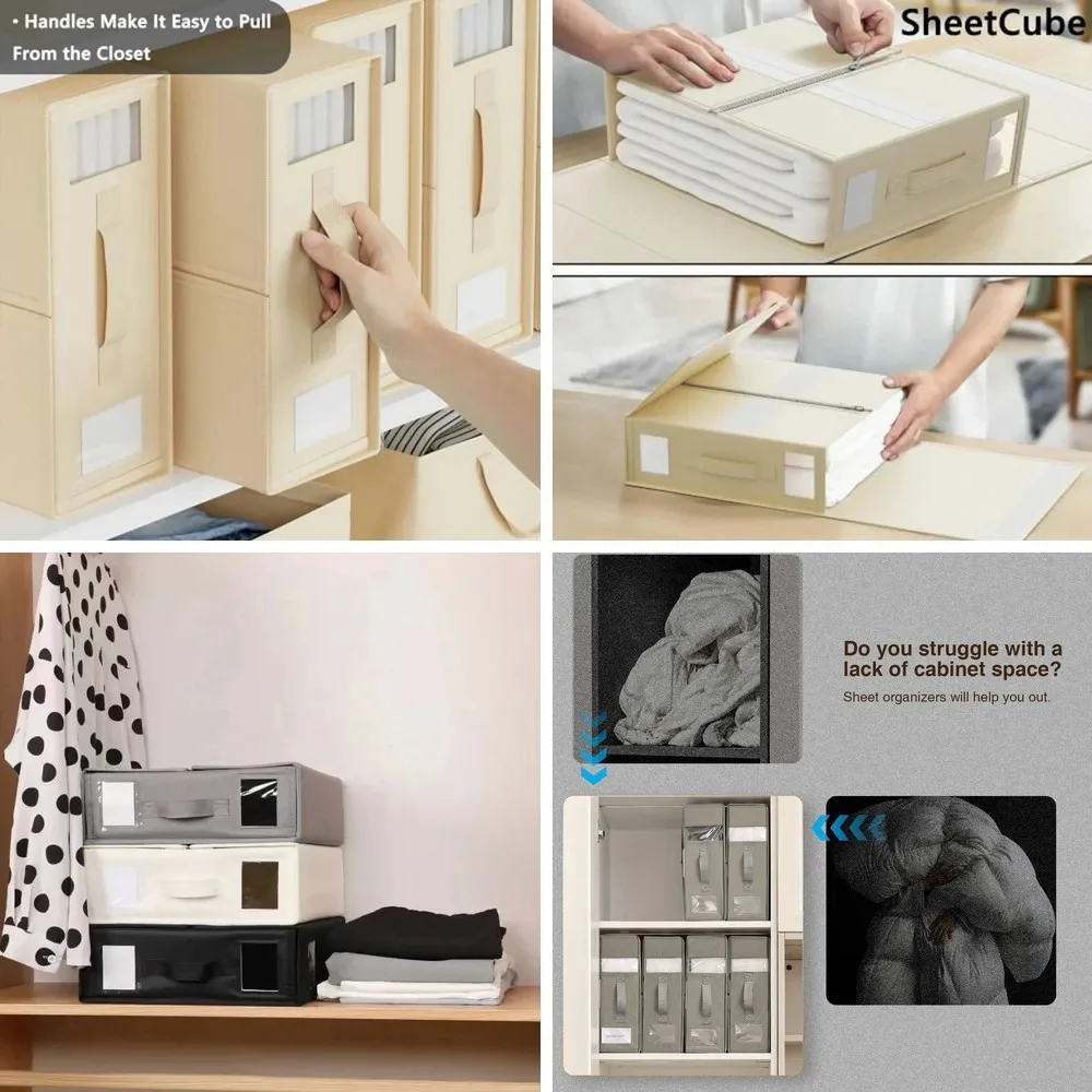 

Large Capacity Foldable 4-Piece Bed Sheet Storage Box, Oxford Cloth Window Link Design for Bedding & Clothing Organization