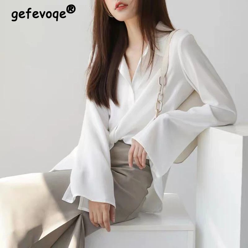 Coreano estilo simples botão branco até camisa para as mulheres 2023 primavera verão moda manga longa solta blusa de rua topo feminino