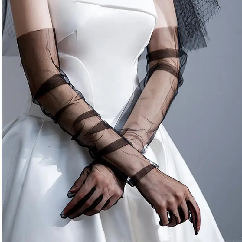 1Pair Women Ultra Tulle Gloves Mesh Sheers Full Finger Elbow Long Gloves Vintage Sunscreen Gloves Wedding Bride Dress Mitten