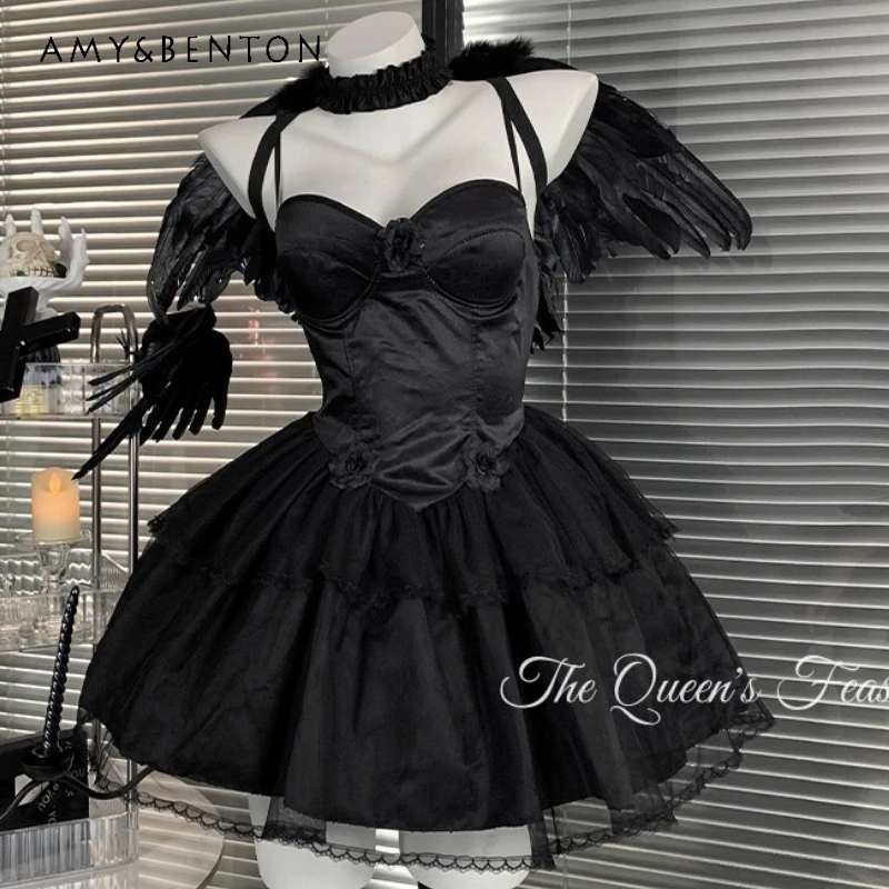 

Original Design Black Women's Clothing Punk Dark Subculture Sexy Sweet Cool Gothic Lolita Sling Dresses Four-piece Set Ladies