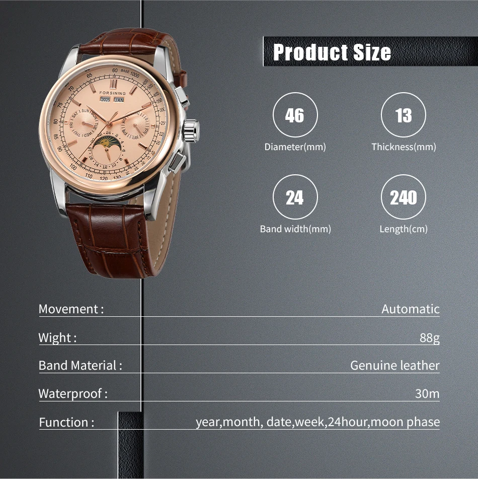 FORSINING Orologio Meccanico Uomo A Carica Manuale – Quadrante Diamanti E Fasi Lunari – Cinturino In Pelle