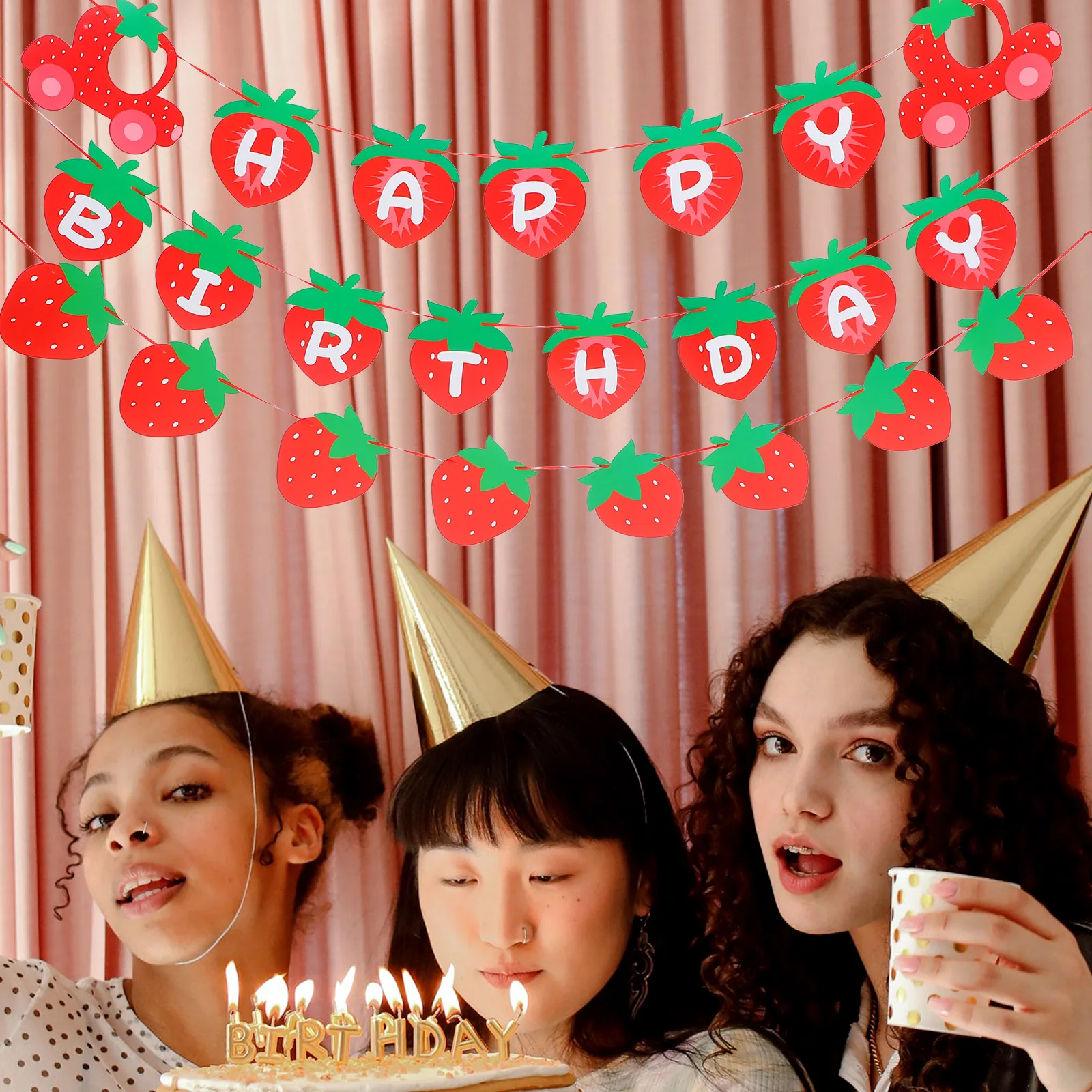 

Strawberry Theme Banner 1st Birthday Paper Garland Fruits Happy Birthday Supplies Strawberry Decorations