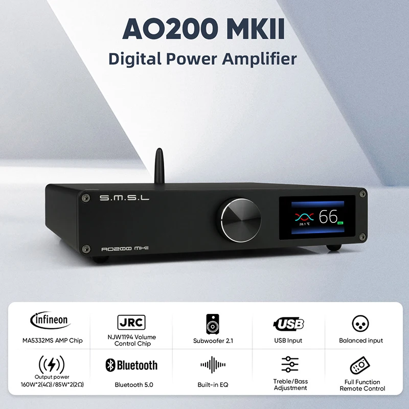 SMSL AO200 MKII HIFI Digital AMP MA5332MS NJW1194 Chip Bluetooth5.0 XLR RCA USB Entrada balanceada Amplificador de som estéreo de alta potência