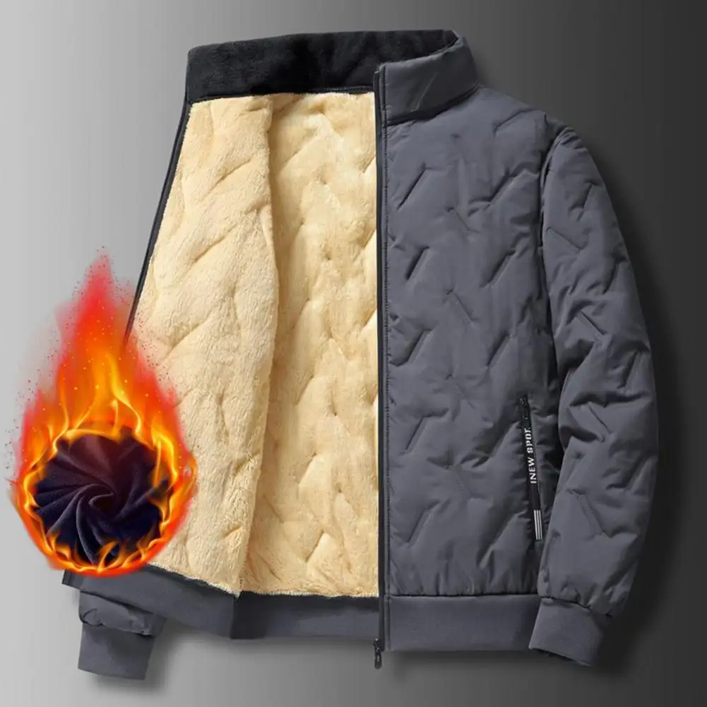 Chaqueta interior de lana gruesa para hombre, abrigo con solapa de líneas en relieve, bolsillos con cremallera, dobladillo elástico, forro de felpa, estilo cálido