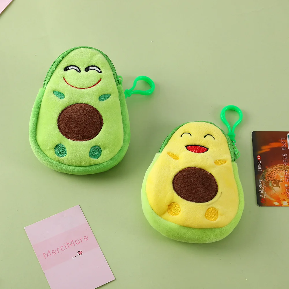 New Cartoon Avocado Plush Coin Purse Wallet Funny Expression Embroidery Soft Headset Small Pouch Zipper Organizer Pen