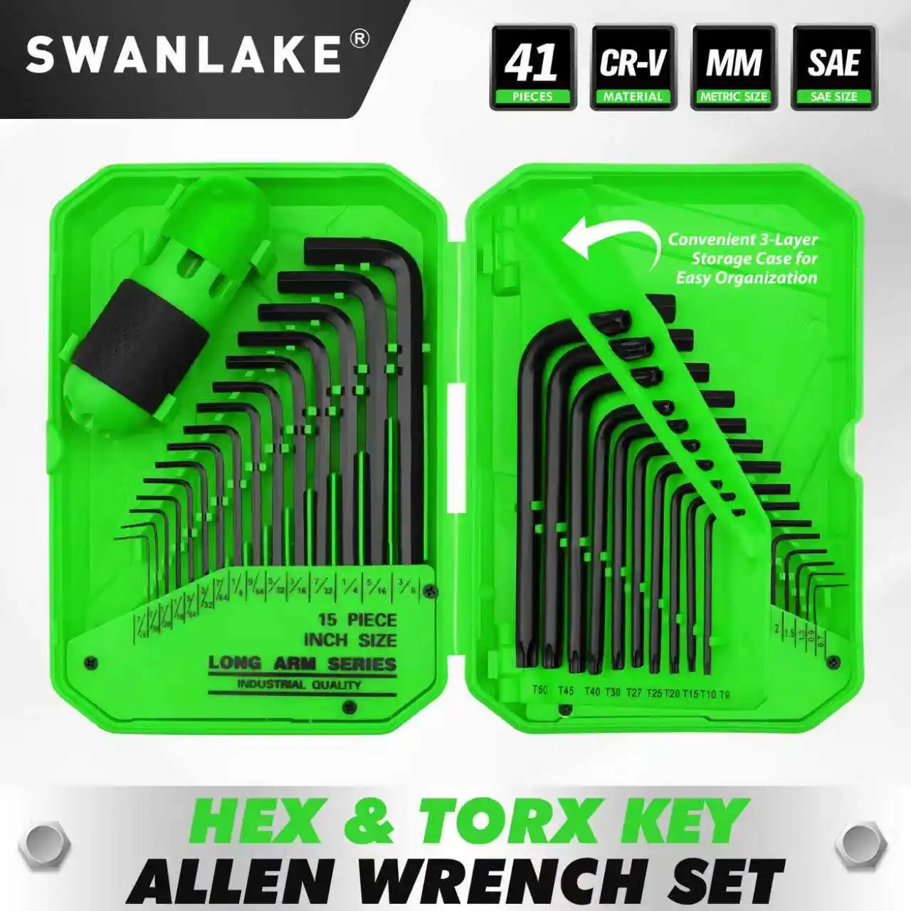 

SWANLAKE 41-Piece Hex Key Allen Wrench Set with Ergonomic Torque Handle, Torx, Heat Treated Wrench Set with 3-Layer Storage Case