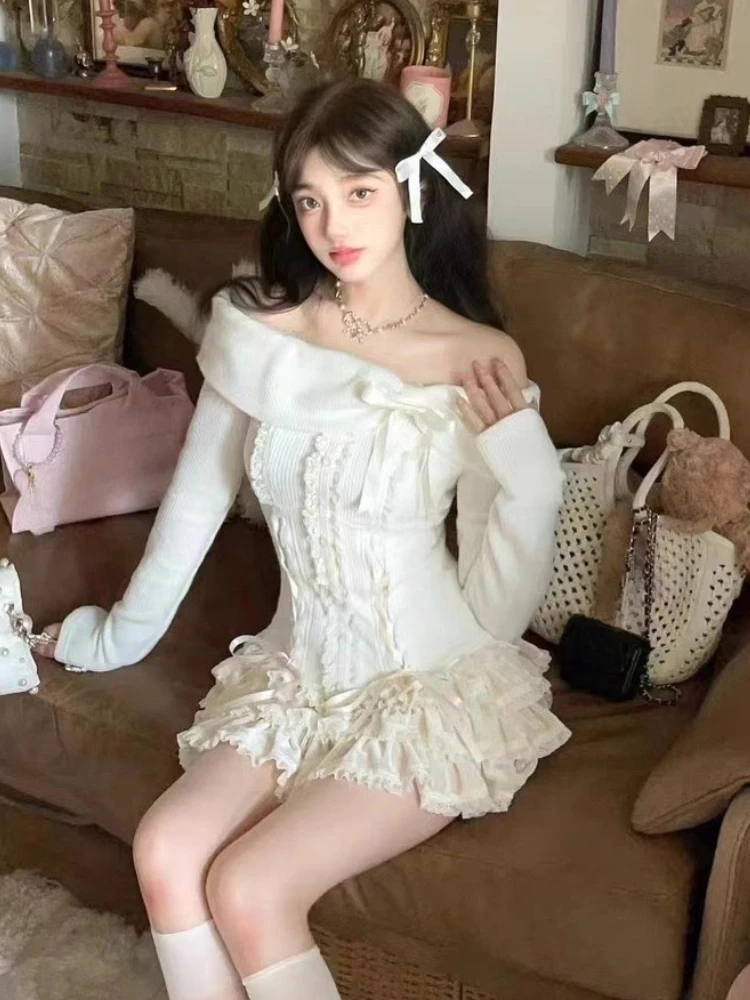 Japanese Kawaii Pink 2 Piece Sets Women Off Shoulder Sweater + Cake Skirt Spring Autumn Y2k Style Aesthetic Fairy Vintage Suit