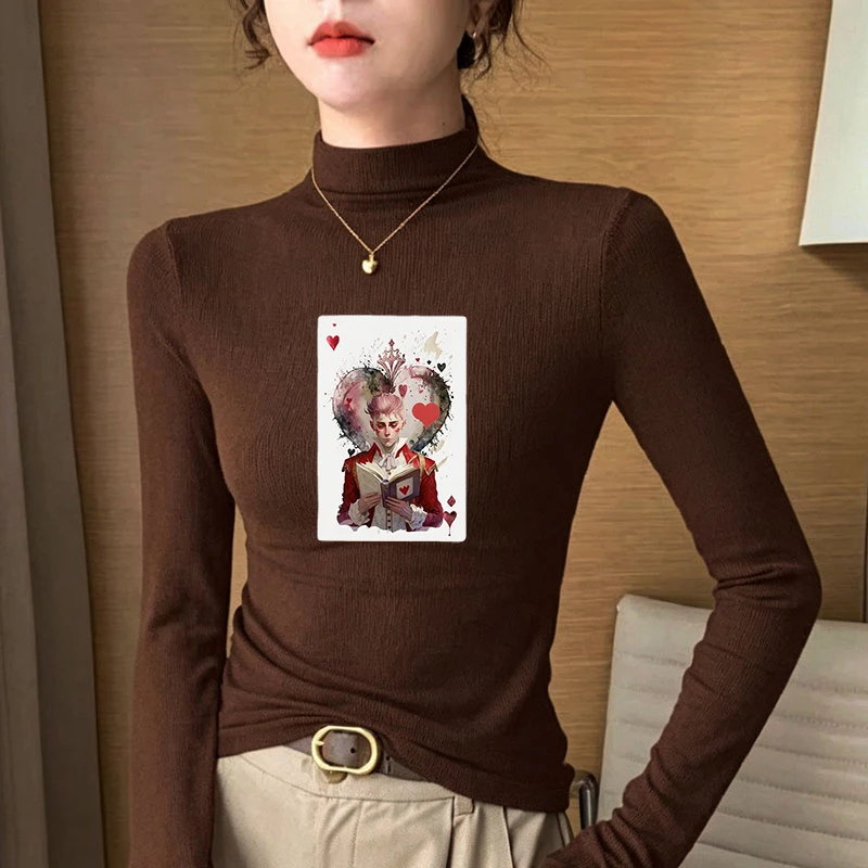 Winter Women's Thermal Brushed Fleece Half Mock Neck Long Sleeve T Shirt Vintage Reader Heart Graphic Warm Tee