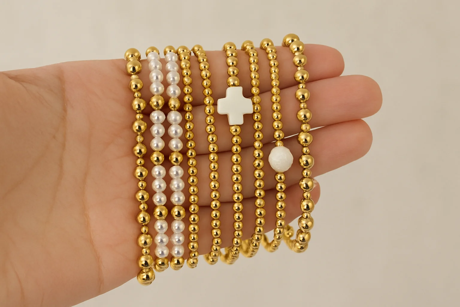 

VKVVA Fashion Jewelry Gold-Plated Beads and White Cross 10pcs Bracelet Set for Women Birthday Gifts, Unique Gift