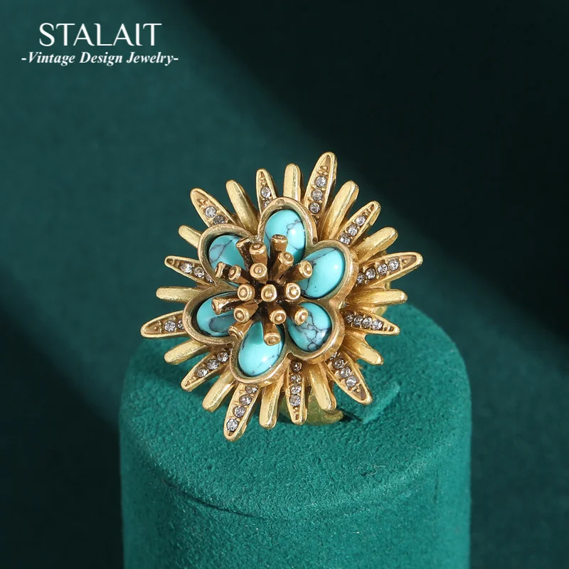 

Luxury Gold Color Crushed Arrow Natural Stone Flower Vintage Rings for Woman Party Gift Antique Jewelry Korean Designer Open