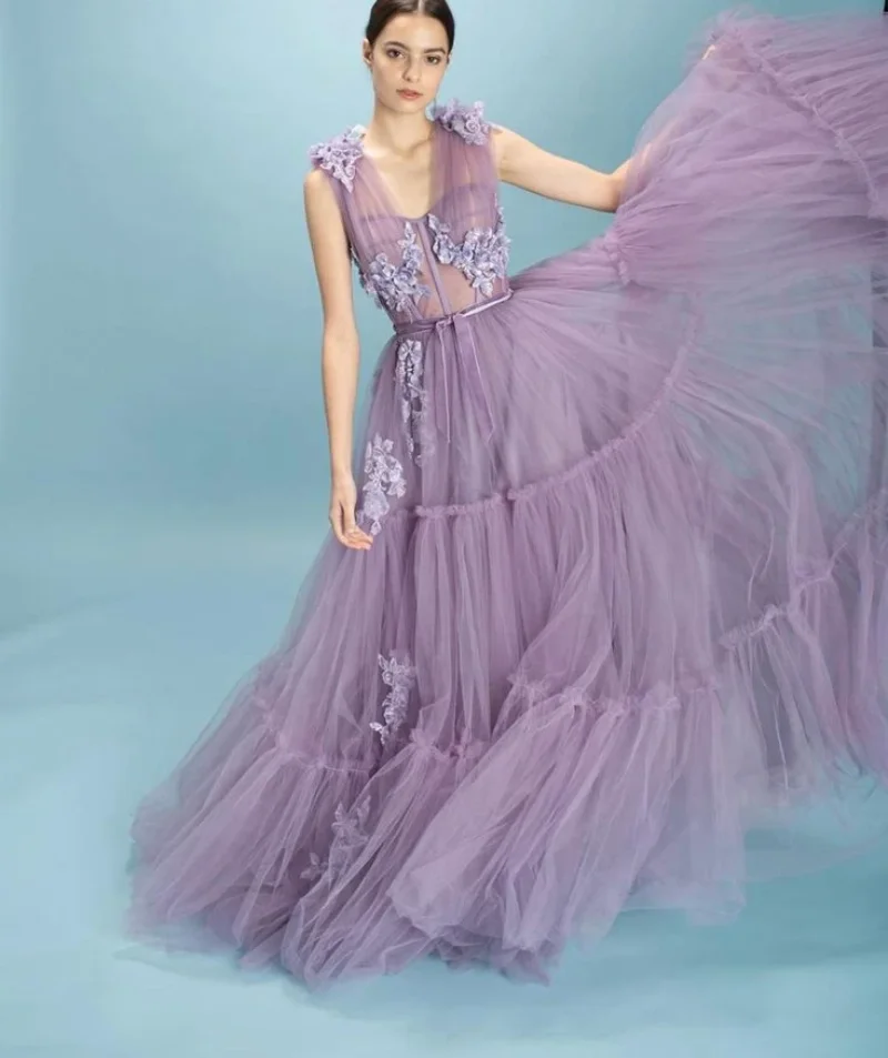 Purple Tulle Prom Dresses V Neck Lace Sleeveless Sequined Decal Beaded A Line Long Floor Length Evening Gown Women Custom made