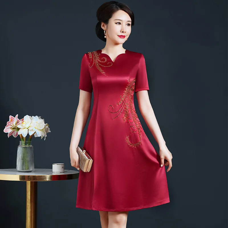 Yourqipao Summer Acetate Burgundy Cheongsam Elegant Retro Fashion Red Qipao Chinese Style Wedding Evening Dress for Mother Women