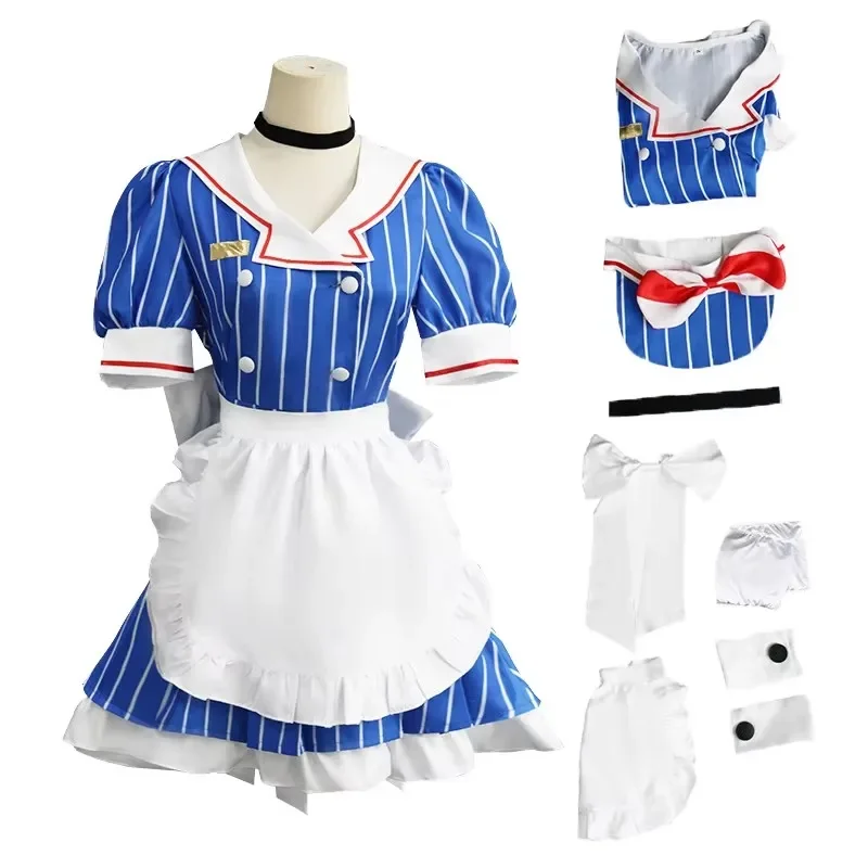 Costume de Cosplay avec Perruque pour Femme, Tenue de Demoiselle d'Halloween à Rayures Bleues, Accessoire de ix