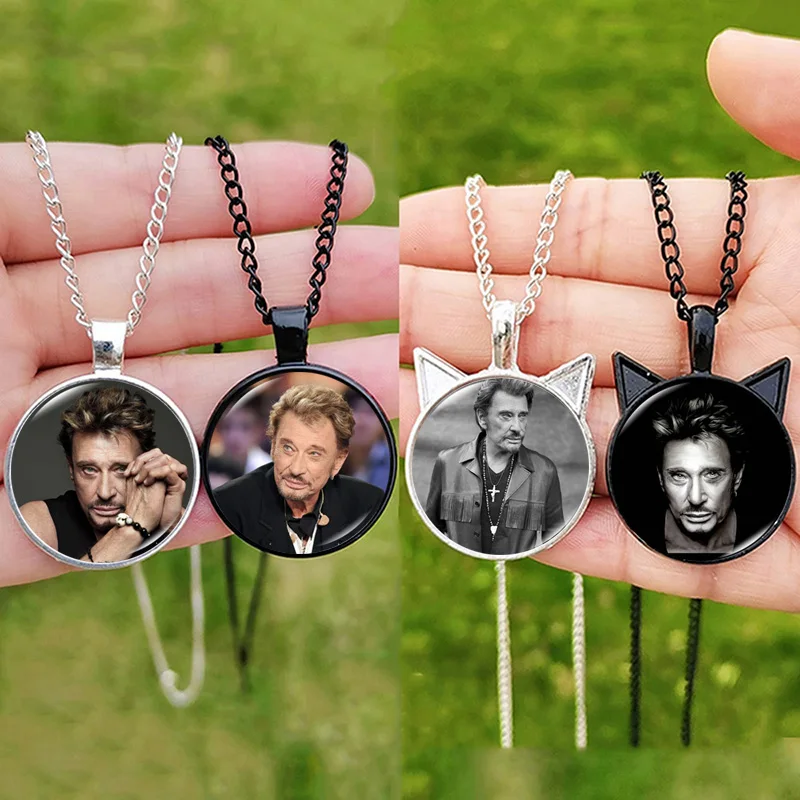 2024 Johnny Hallyday Necklace for Men Women Famous Singer Poster Glass Crystal Pendant Chain Jewelry Gift