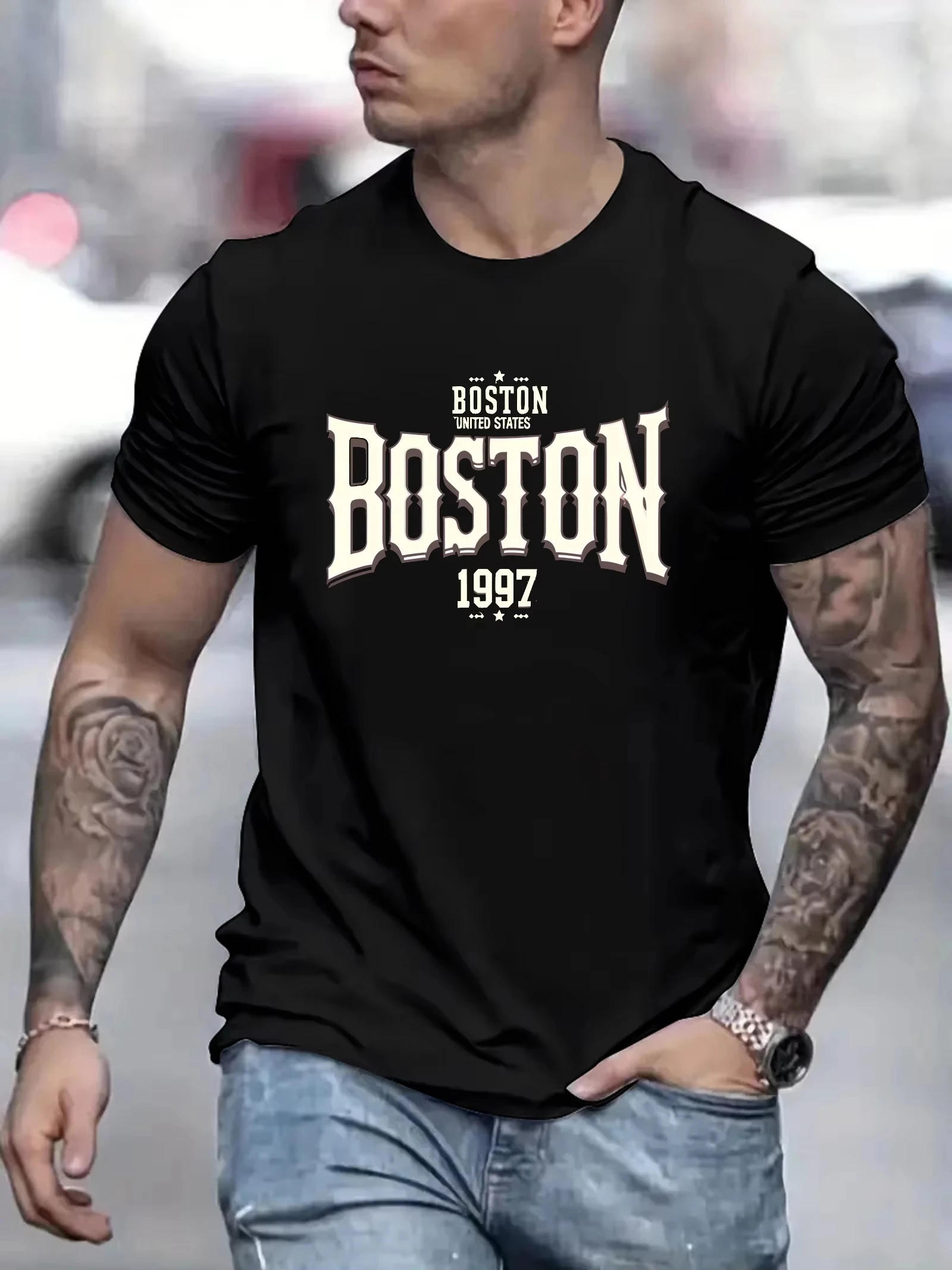 Summer New Men's Cotton Tshirt Boston Print Casual Round Neck Short Sleeve Loose T-shirt Fashion Male Clothing Oversized Tops