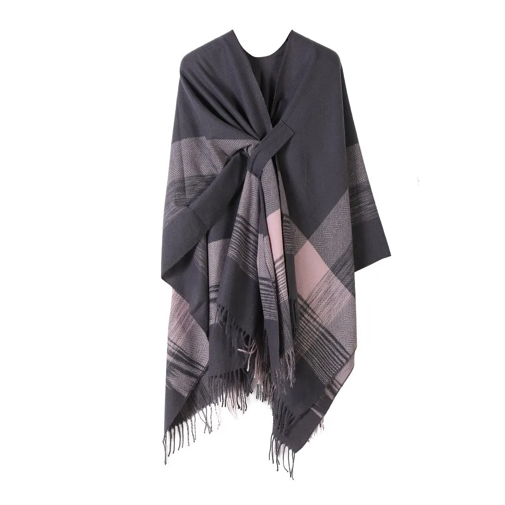 Fashion Imitation Cashmere Plaid Patterned Shawl Elegant Open Front Soft Wrap Scarf Lightweight Tassel Warm Cloak Autumn Winter