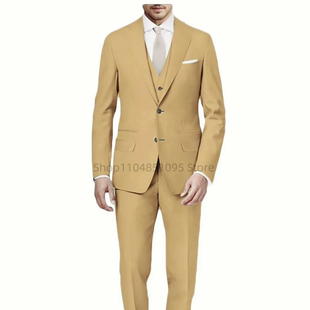 

Tailored men's suit with two buttons, three-piece set including suit jacket, waistcoat, and trousers. High-quality business/wedd