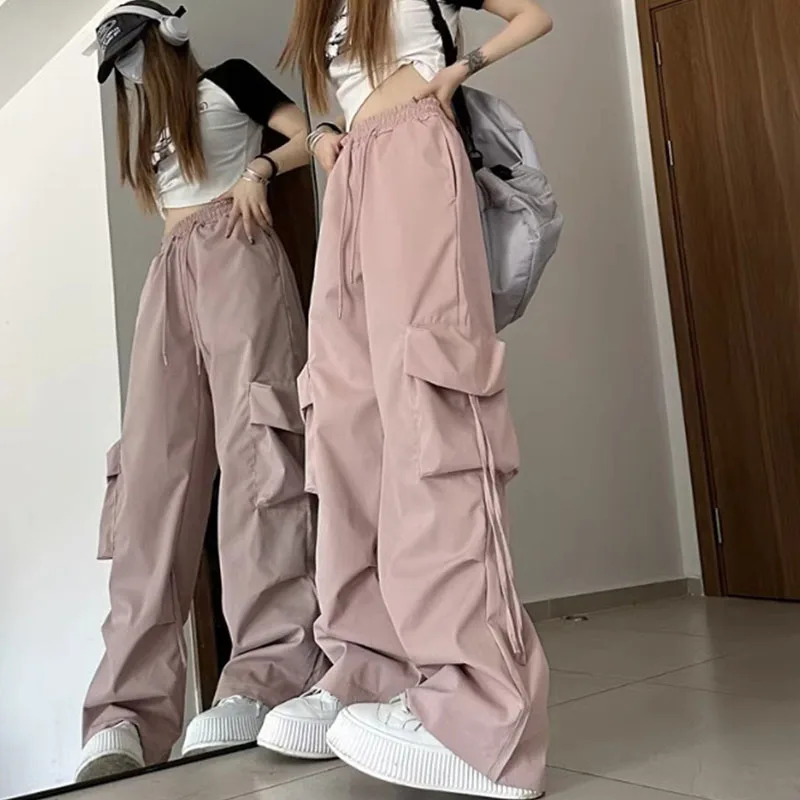 

Summer Women High Waist Cargo Pants Hip Hop Streetwear Drawstring Baggy Sweatpants Female Big Pockets Wide Leg Straight Trousers