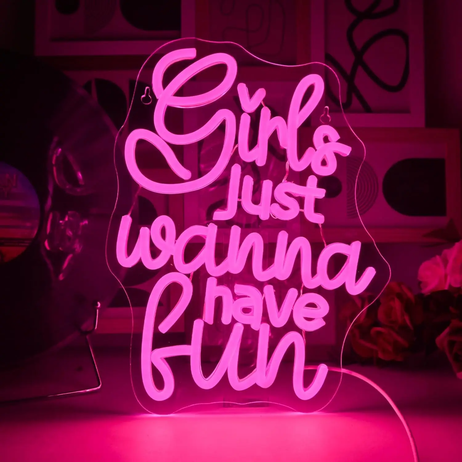 Girls Just Wanna Have Fun Neon Sign 80's Party Decoration Retro Pink LED Neon Light Sleepover Party Girl Wall Decor for Bedroom
