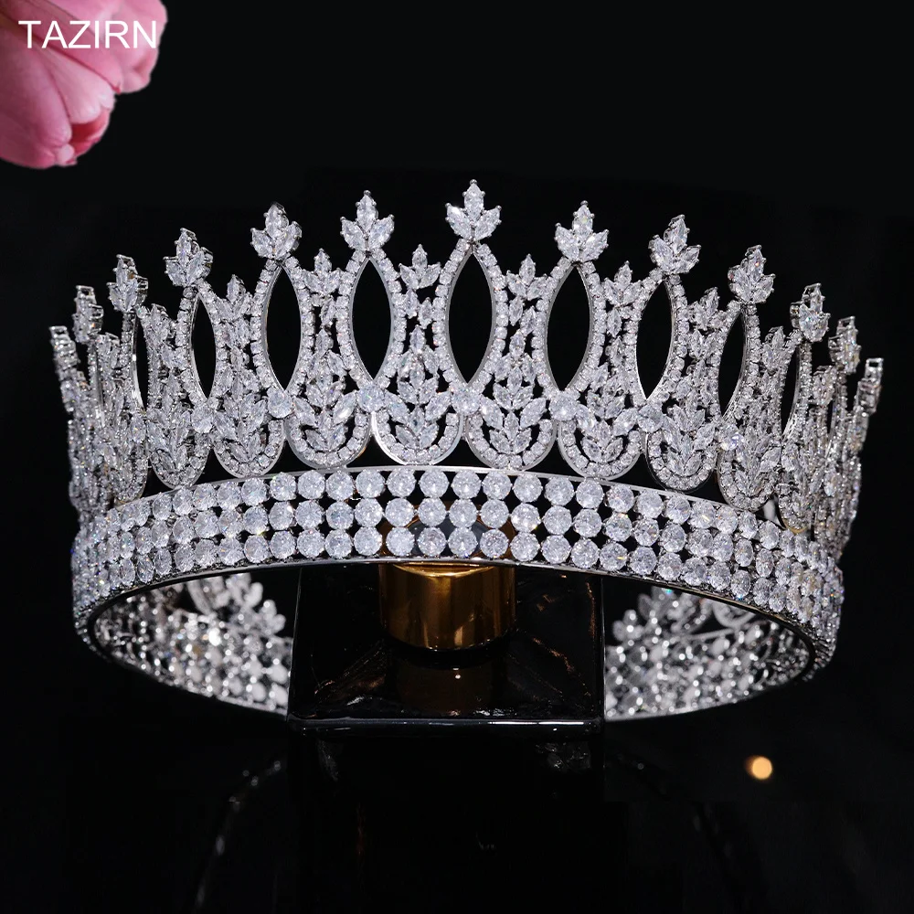 

TAZIRN All Cubic Zirconia Wedding Bridal Big Round Crowns and Tiaras CZ Princess Queen Headpiece Hair Accessories Gift for Women