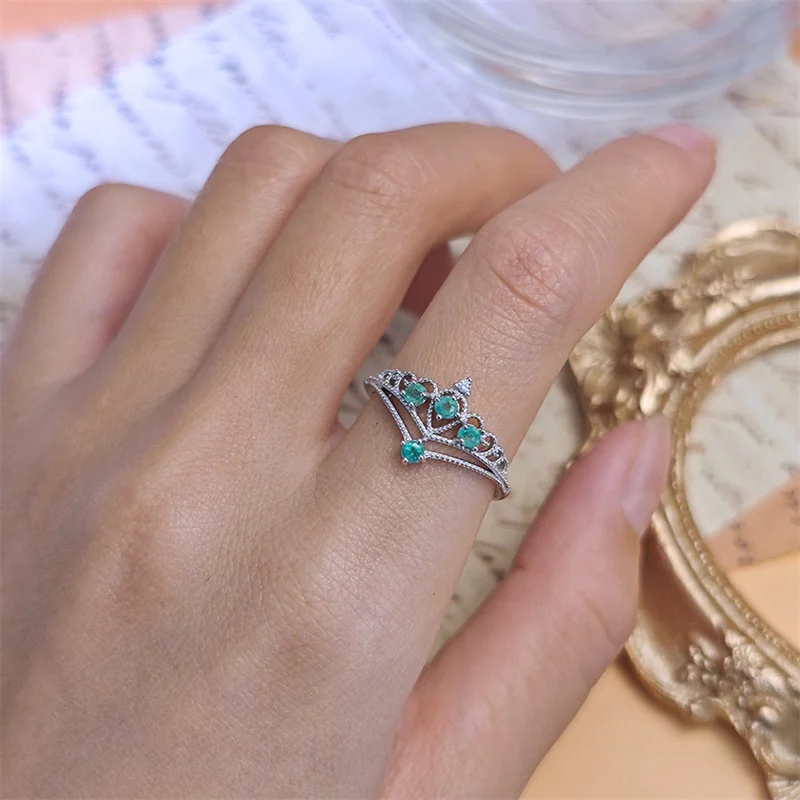 

Genuine 925 Sterling Silver Natural Emerald Gemstone Wedding Ring for Women Resizable Size Crown Shape Elegant with Certificate