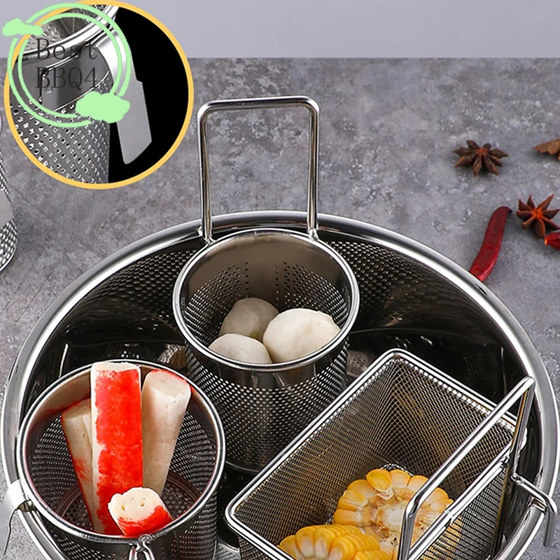 (BBQ4)304 Stainless Steel Deep Frying Basket Silver Hangable Colander Oil Filter Mesh Sieve Hotpot Strainer Mesh