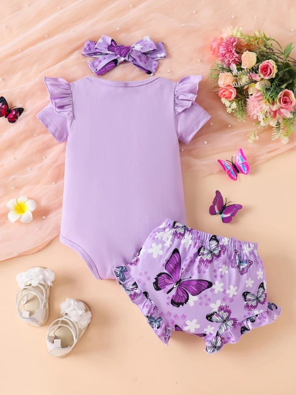 مجموعة مكونة من 3 قطع على شكل فراشة أرجوانية للفتيات الصغيرات: رومبير + عصابة رأس + أزهار صيفية غير رسمية