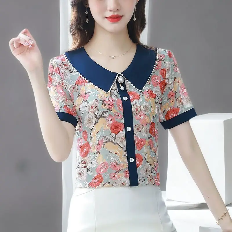 

Summer Patchwork Peter Pan Collar Fashion Printing Short Sleeve Chiffon Shirts Women Elegant Temperament All-match Trend Tops