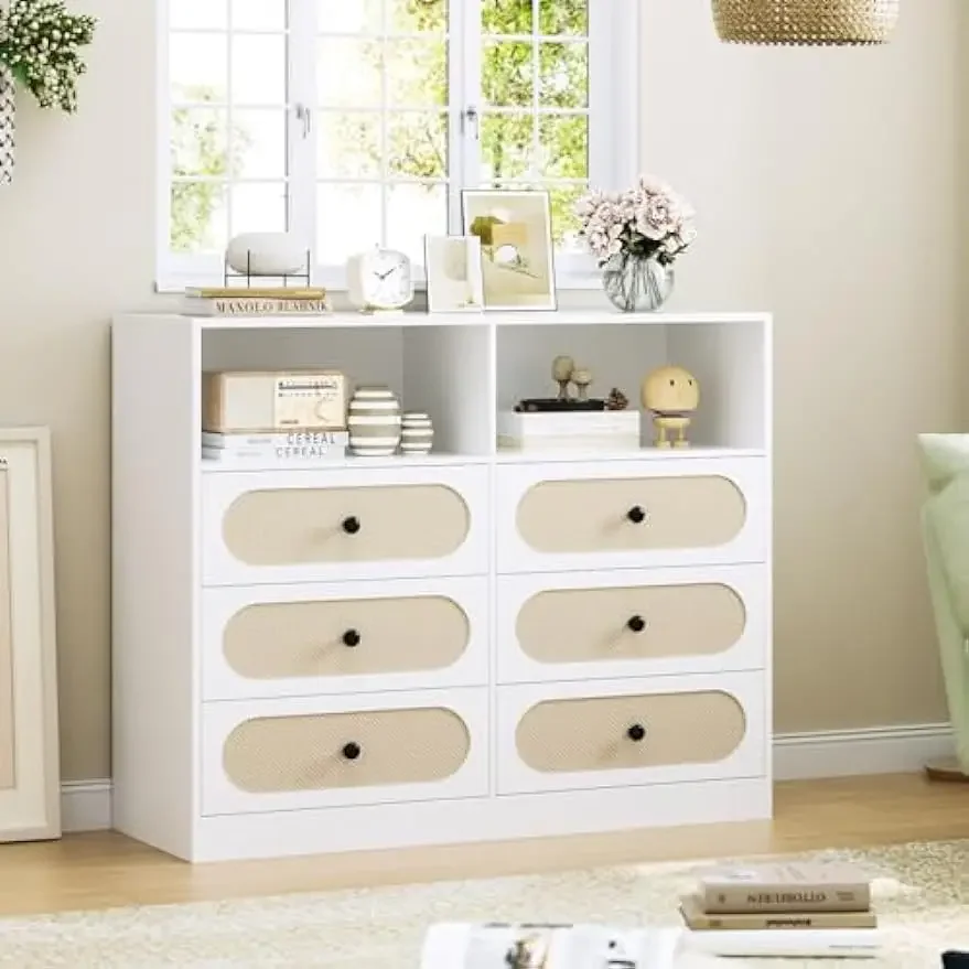 

White Rattan Dresser Drawer with Large Drawers and Open Cabinets, Modern Dresser Boho