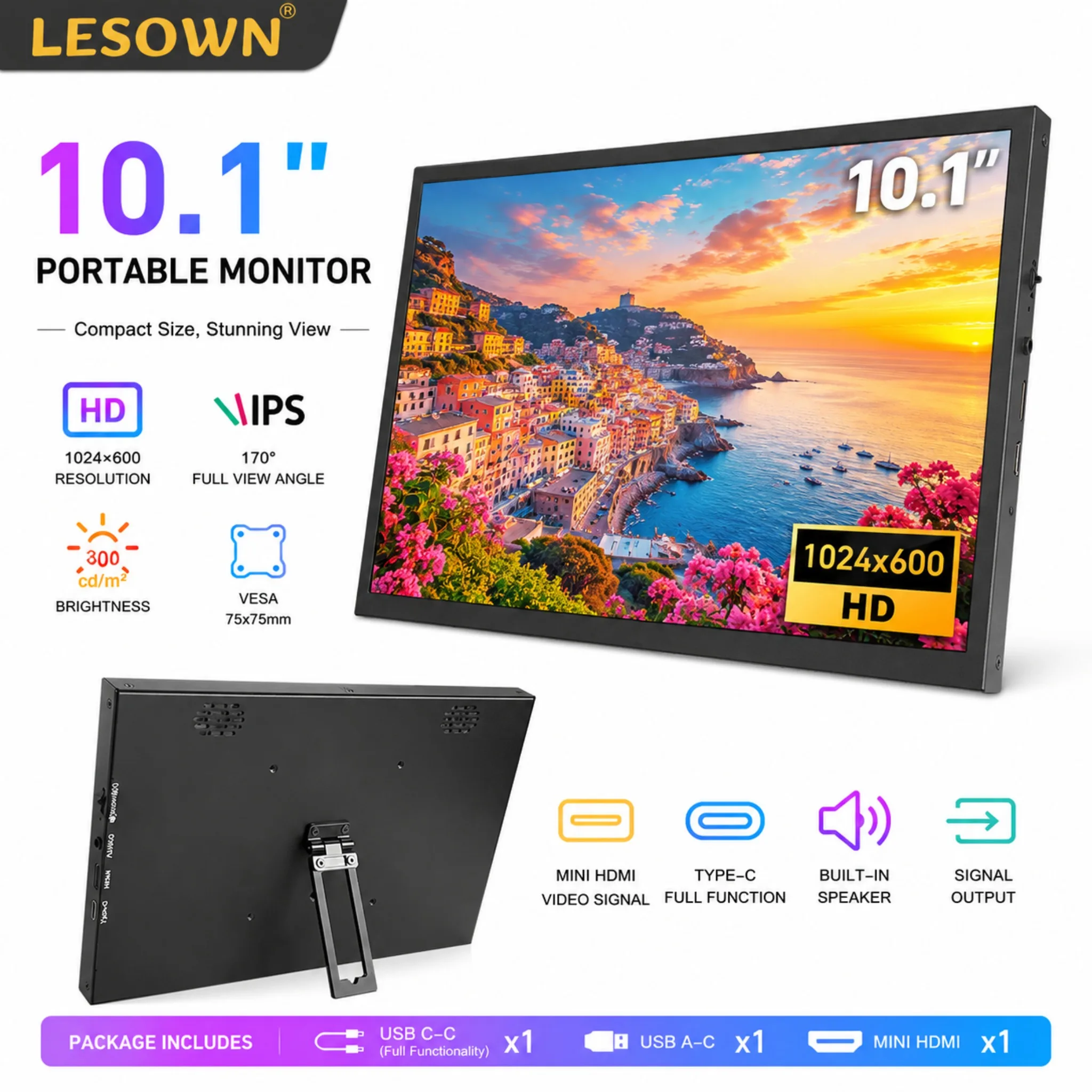 LESOWN Aluminum Industrial Terminal Monitor 10.1inch 16:10 Type-C Screen miniHDTV VESA for Edge Computing Host Machine