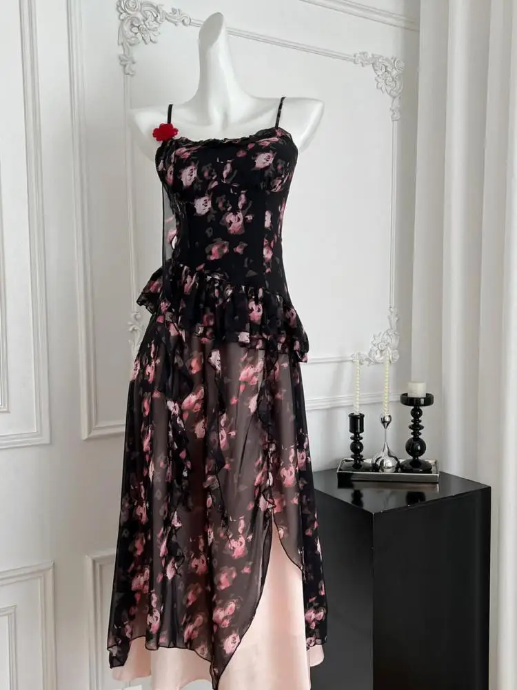 

Summer Women Black Print Sleeveless Ruffles Backless Slip Long Dress And Pink High Waist Pleated Half Skirt Boho Two Piece Sets