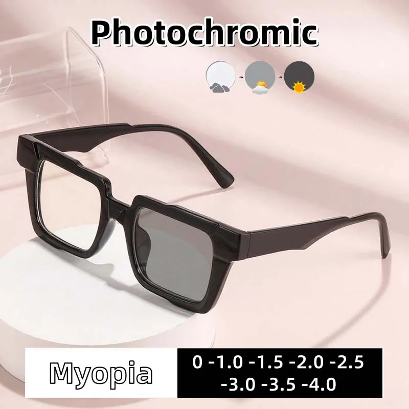 

Personalized Color Blocking Photochromic Myopia Glasses Retro Box HD Glasses Blue Light Blocking Eye Protection Diopter To -4.0