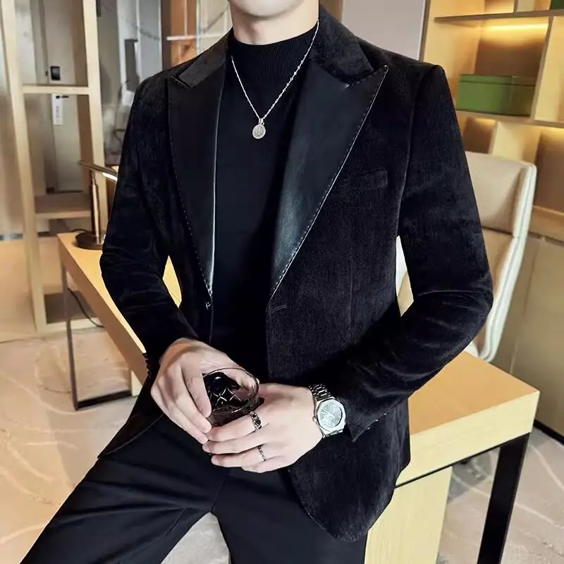 Lederen Splicing Chenille Pak Jassen 2023 Herfst Winter Nieuwe Mannen Business Casual Slim Fit Jassen Formele Bruiloft Slipjas