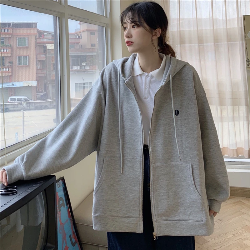 

Oversize Women Sweatshirt Korean Style Loose Casual Hooded Zip Cardigan Jacket BF Lazy Style Thicken Hoodie Long Sleeve Coat