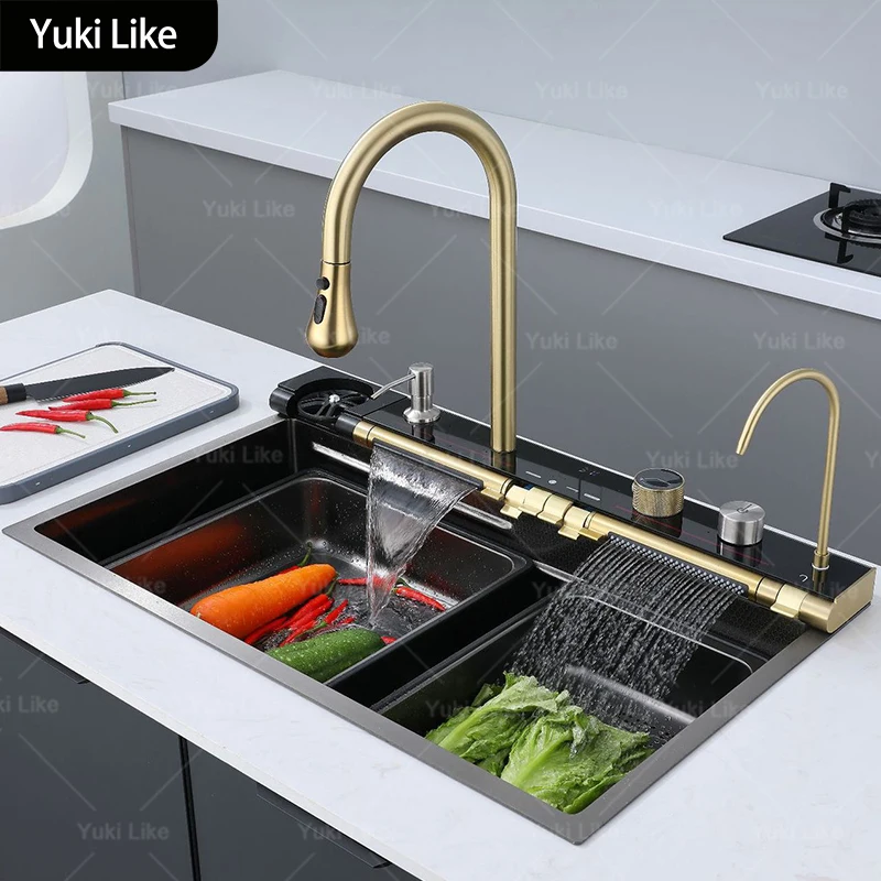 

Golden Stainless Steel Waterfall Kitchen Sink MultiFunction Dishwasher Basin Large Single Slot Household Vegetable Washing Bowl