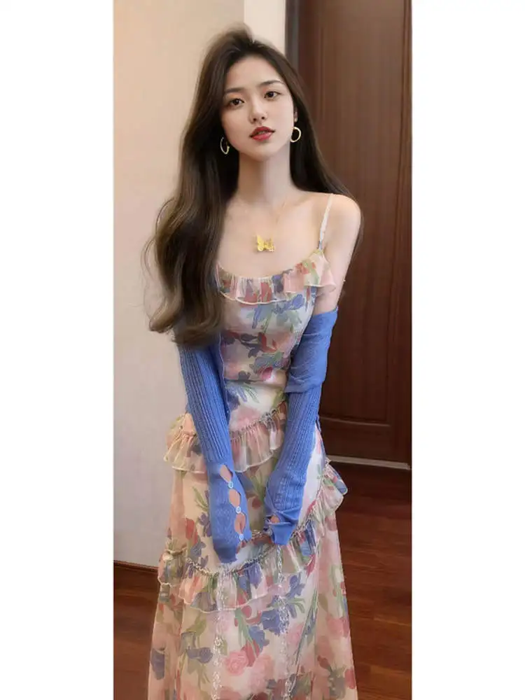 Verano 2025 Cárdigan abierto con estampado floral Tea Break Dr Conjunto de dos piezas Ele Lady Sle Falda larga Ropa de viaje informal Hidrata...