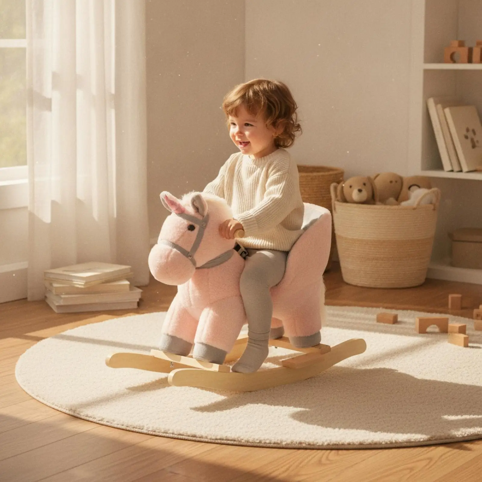 Plush Rocking Horse for Kids Wooden Base Musical Animated Pony with Comfortable Seat and Secure Belt for